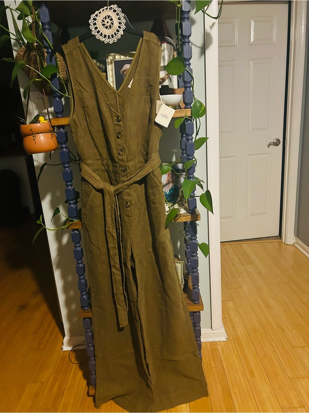 Faherty Olive Green Linen Button-Front Romper with Tie Waist